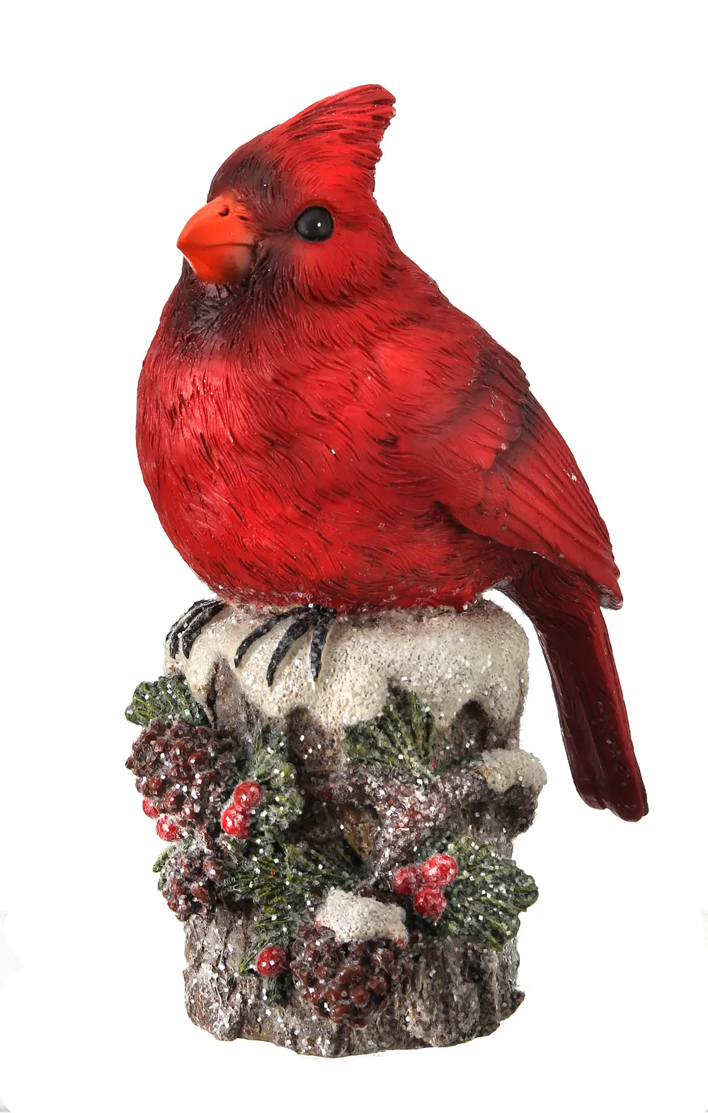 Red Cardinal on Stump with Pine Cones and Berries-1