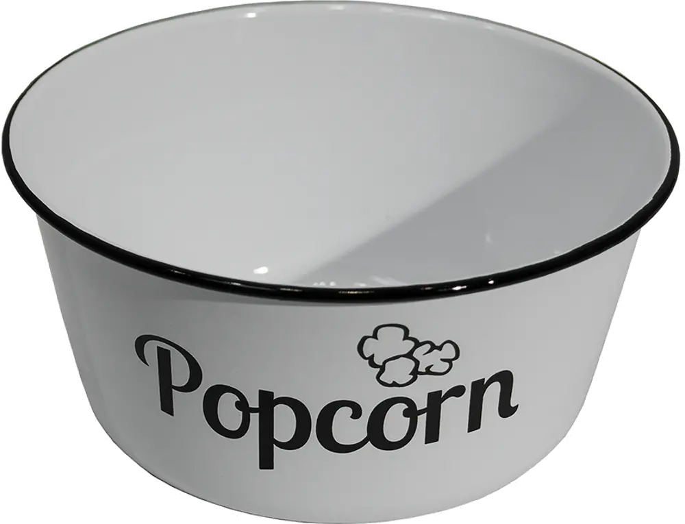 White Enamelware Popcorn Bowl with Black Lettering-1