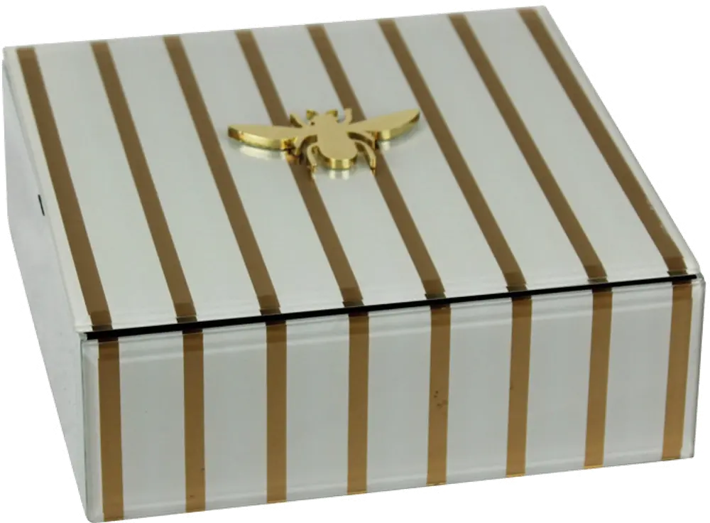 White Decorative Box with Gold Stripes and Bee Accent-1