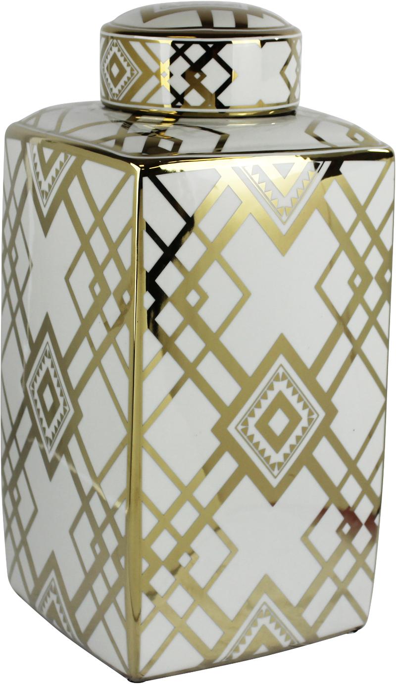 18 Inch White Square Lidded Jar with Gold Detailing