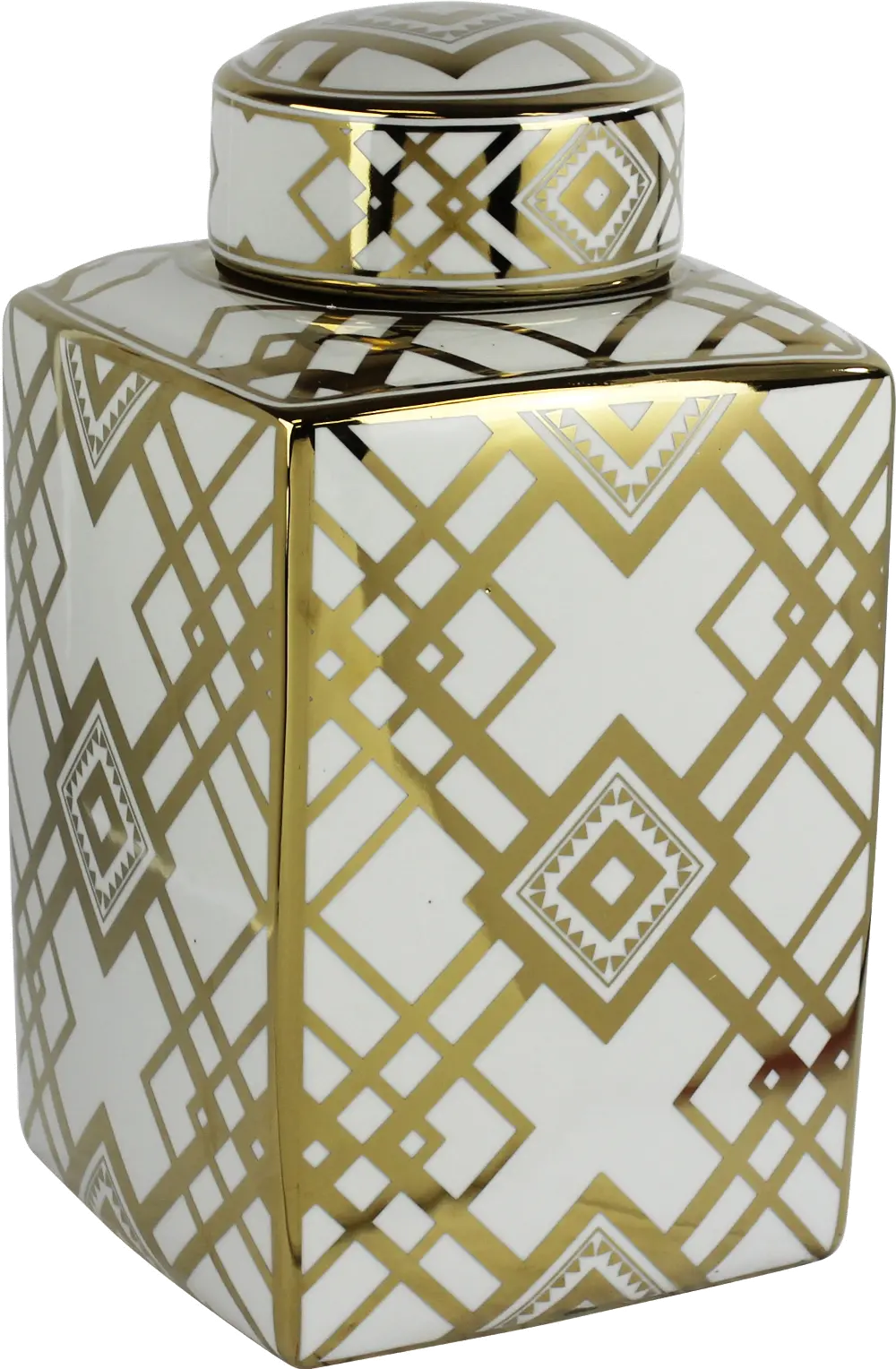 15 Inch White Square Lidded Jar with Gold Detailing-1