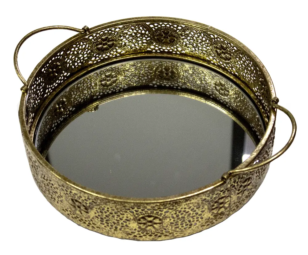 Metal Filigree Mirrored Tray with Handles-1