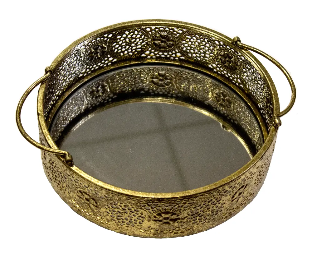 Metal Filigree Mirrored Tray with Handles-1