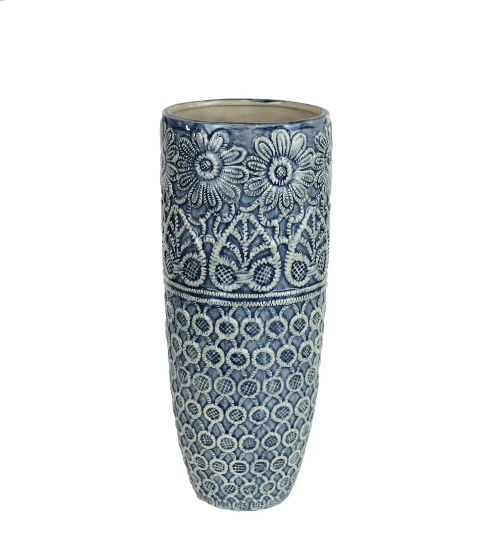 15 Inch Blue and Ivory Ceramic Vase-1
