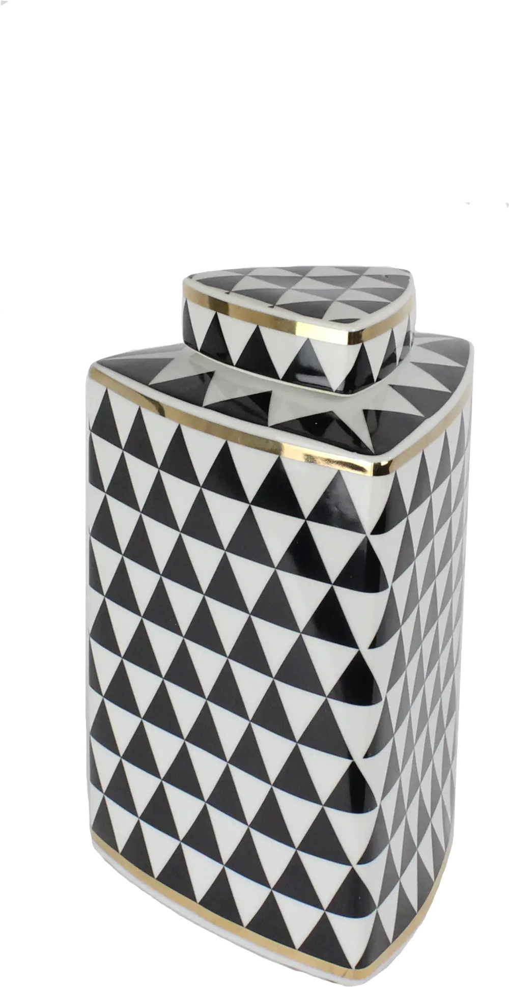 9 Inch Black and White Triangular Lidded Jar with Gold Trim-1