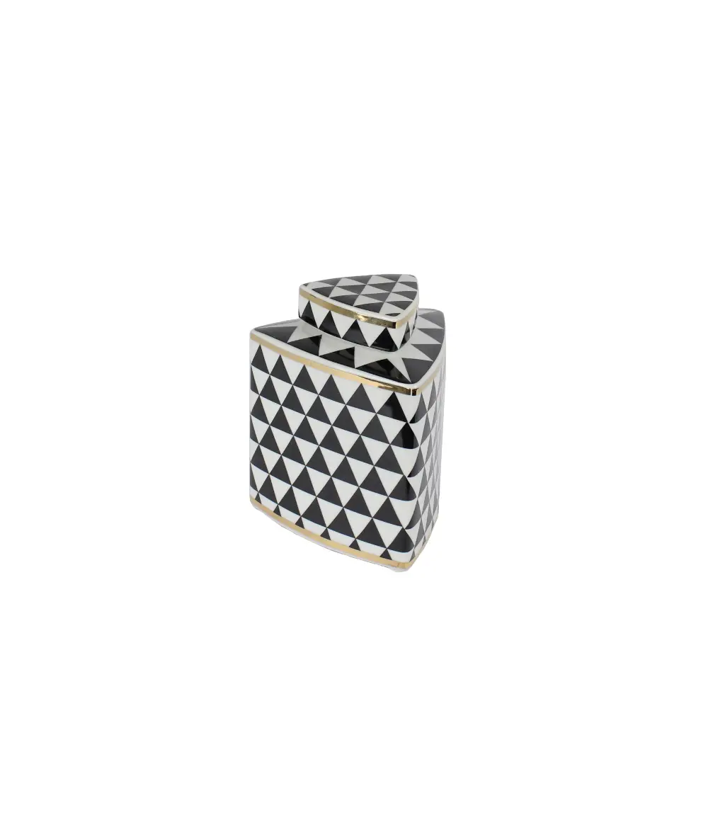 6 Inch Black and White Triangular Lidded Jar with Gold Trim-1