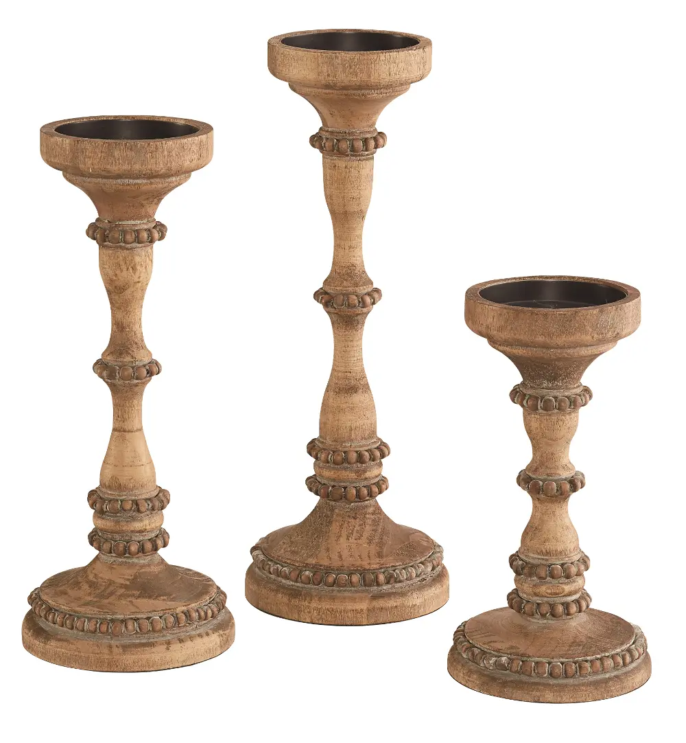 Magnolia Home Furniture Natural Wood Beaded Candle Holders Set-1