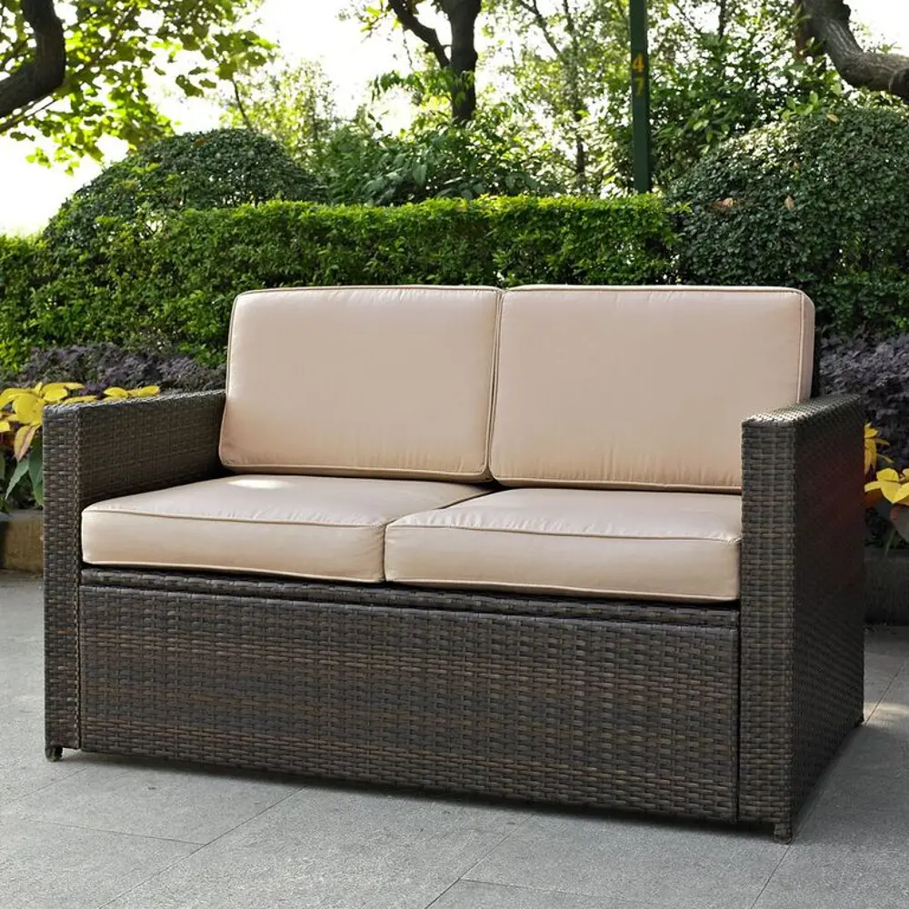 KO70092BR-SA Palm Harbor Brown and Wicker Patio Loveseat-1