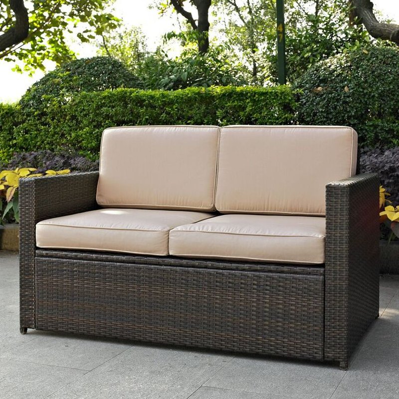 Sand And Brown Wicker Patio Furniture Loveseat Palm Harbor Rc Willey - Patio Furniture Wicker Loveseat