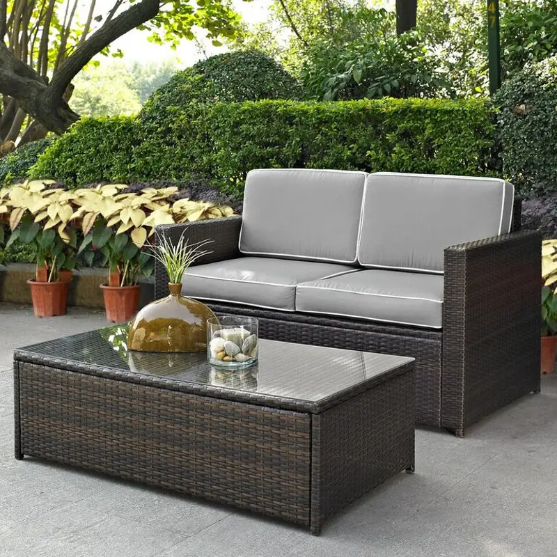 Palm Harbor 2 Piece Gray and Wicker Loveseat and Table Set