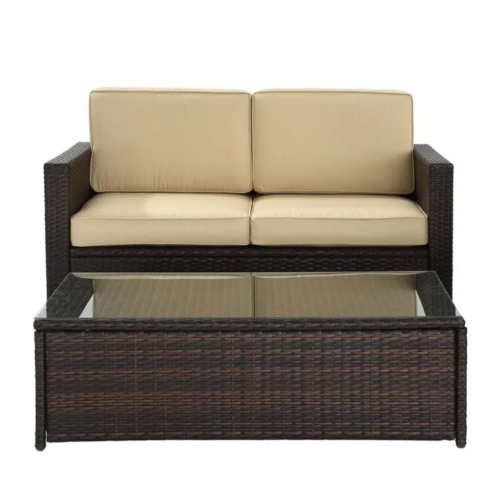 KO70002BR-SA Palm Harbor 2 Piece Beige and Wicker Loveseat and Table Set-1