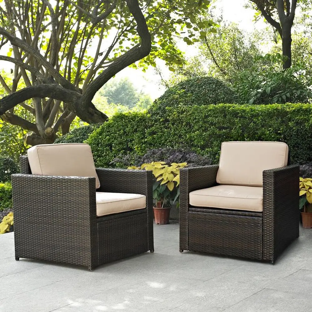 KO70005BR-SA Palm Harbor Sand and Wicker Patio Armchairs, Set of 2-1