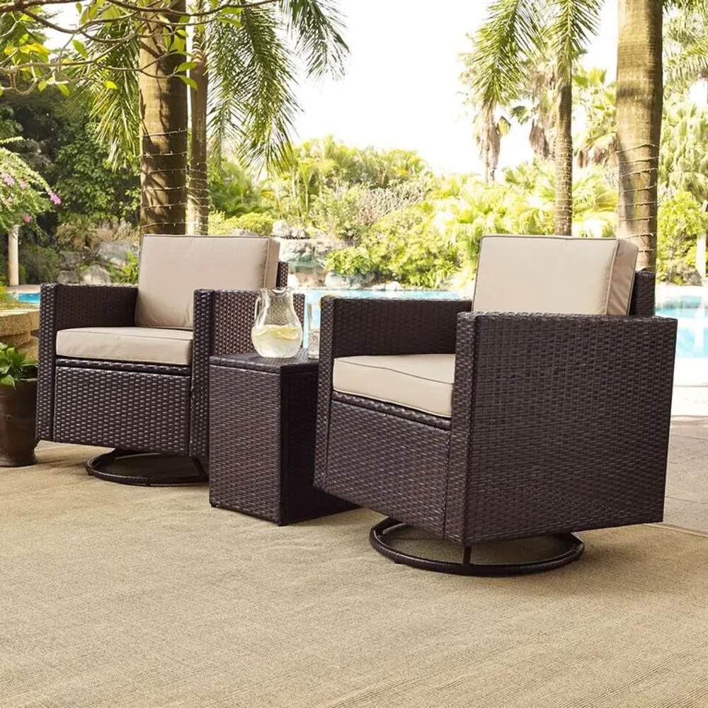 KO70058BR-SA Palm Harbor Sand and Wicker 3 pc Patio Swivel Armchair Set-1