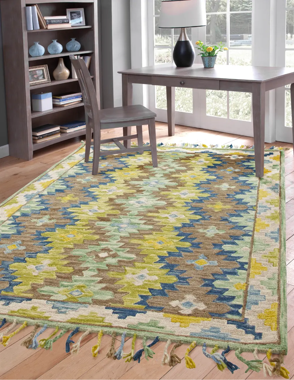 5 x 8 Medium Green, Brown, Ivory, and Blue Rug - Lily-1
