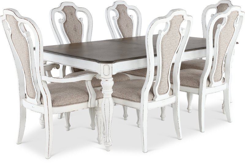 Antique White 7 Piece Dining Set, White Dining Table Chairs