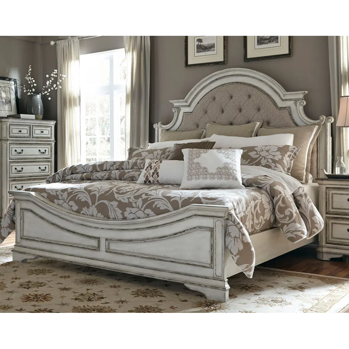 Magnolia Manor Antique White Upholstered King Size Bed-1