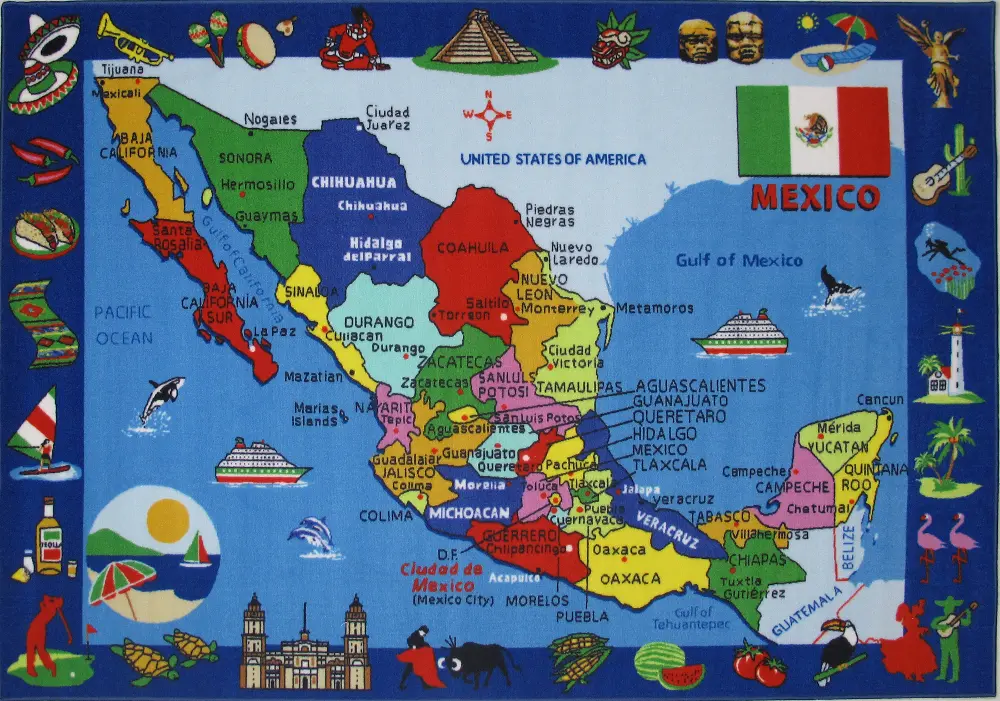 4 x 6 Small Mexico Map Multi-Color Area Rug - Fun Time-1
