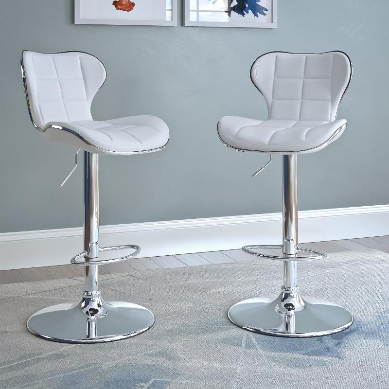 Corliving Adjustable Barstool In Bonded Leather Set Of 2 White, White Leather Bar Chairs