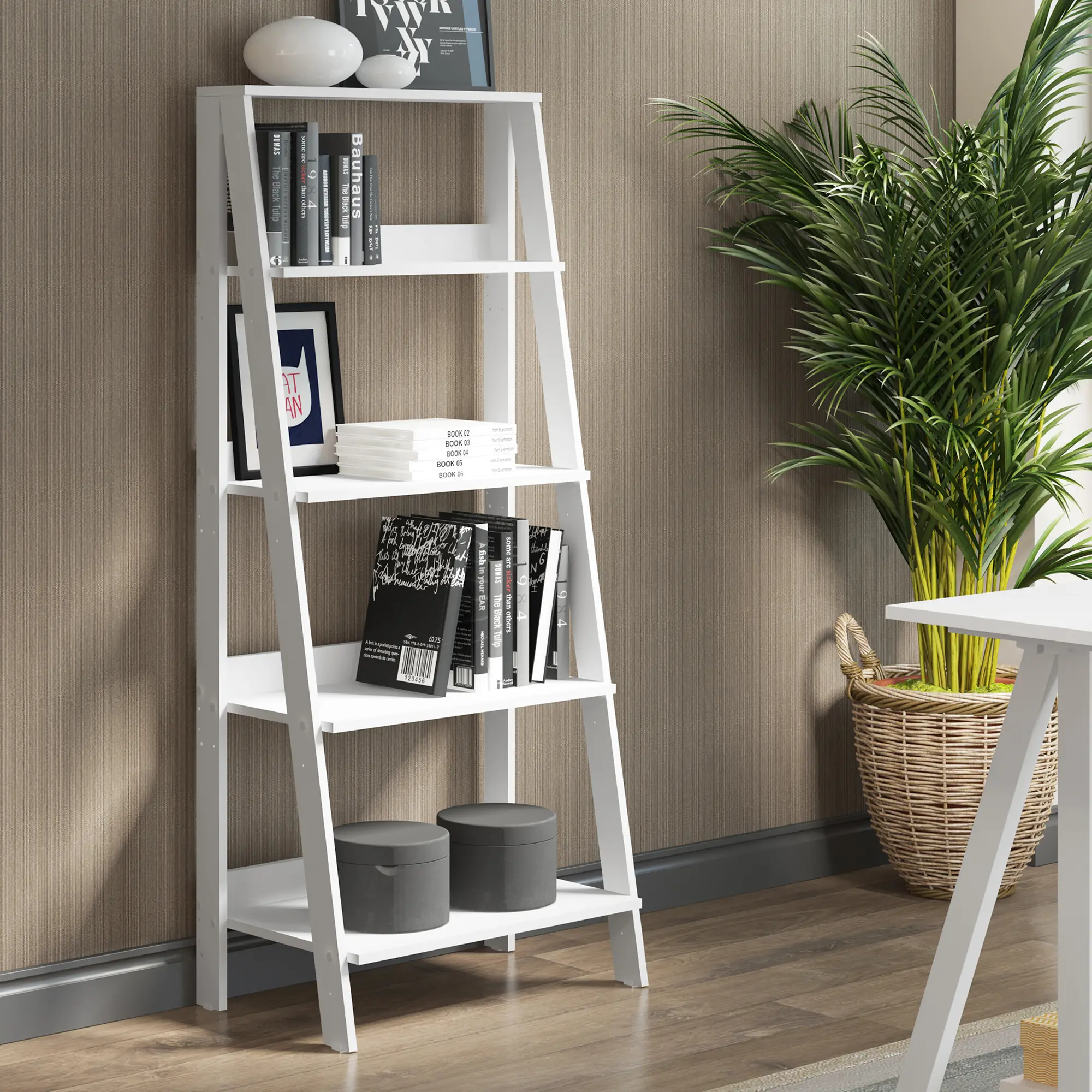 White Wood Ladder Bookcase - Walker Edison