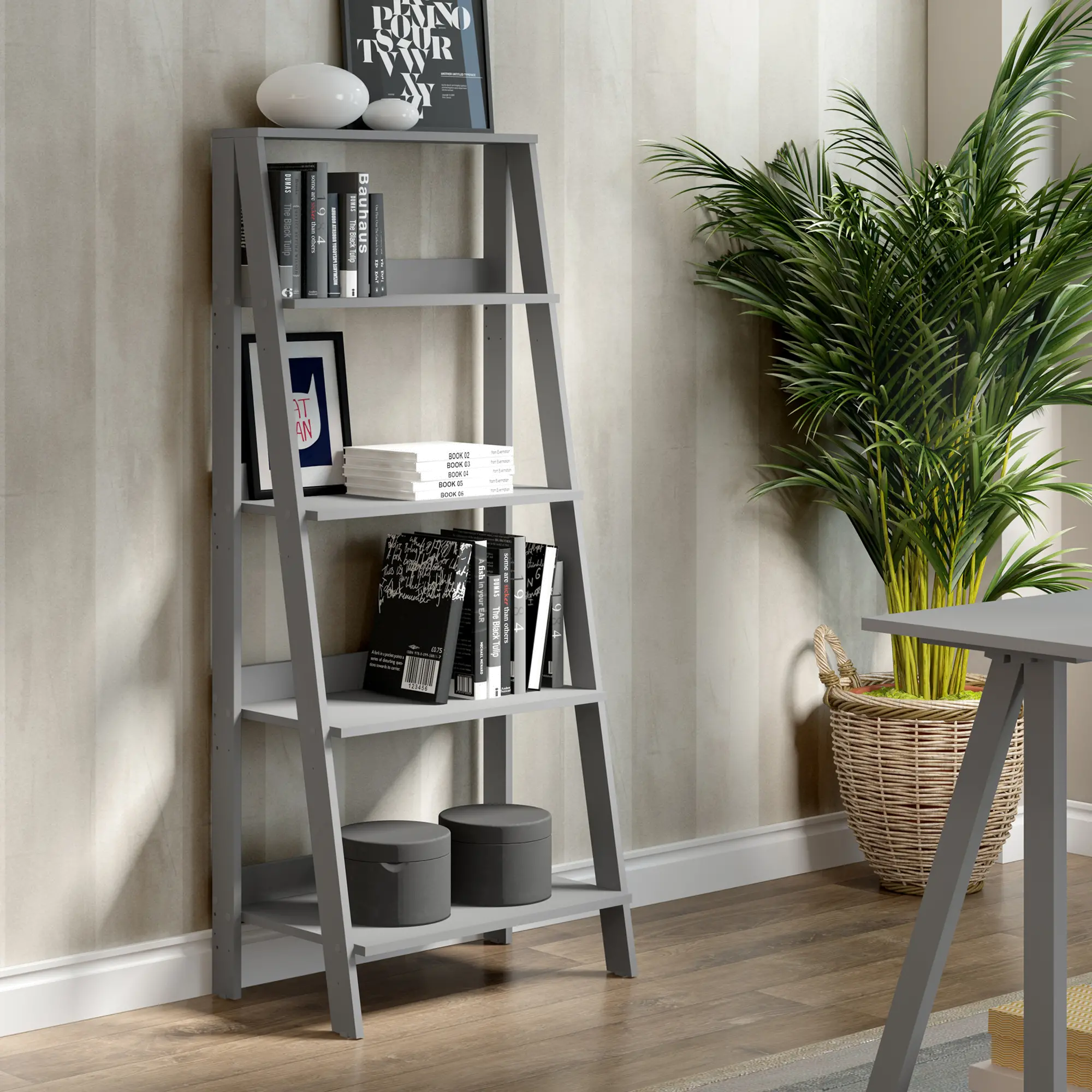 BS55LDGY Gray Wood Ladder Bookcase - Walker Edison sku BS55LDGY