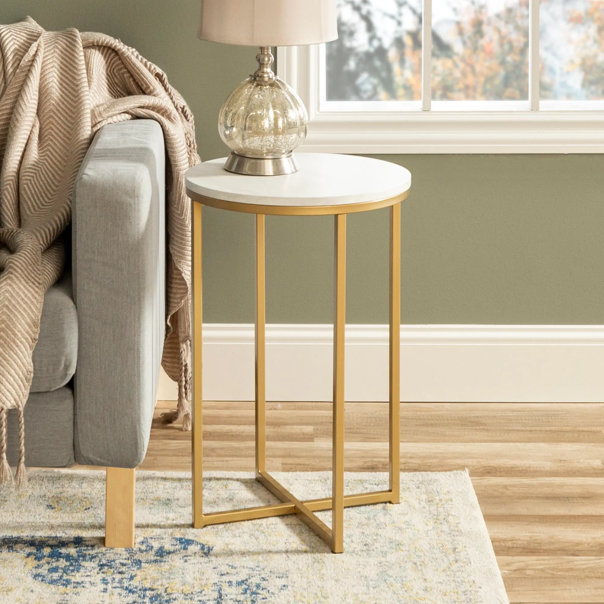 White Faux-Marble 16 Inch Round Side Table with Gold Base - Walker...