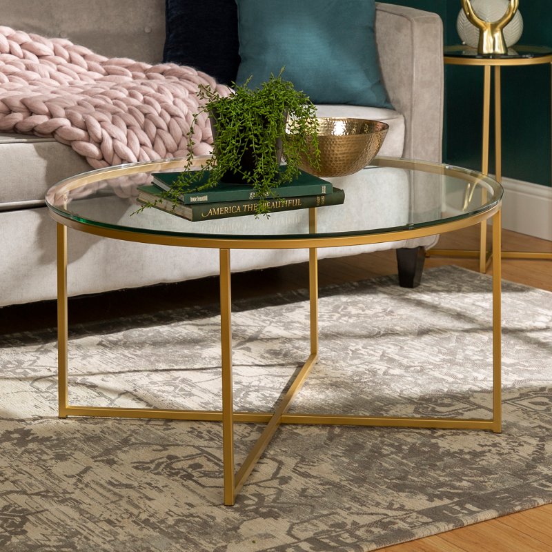 Glass Top 36 Inch Round Coffee Table, Round Gold Side Table With Glass Top