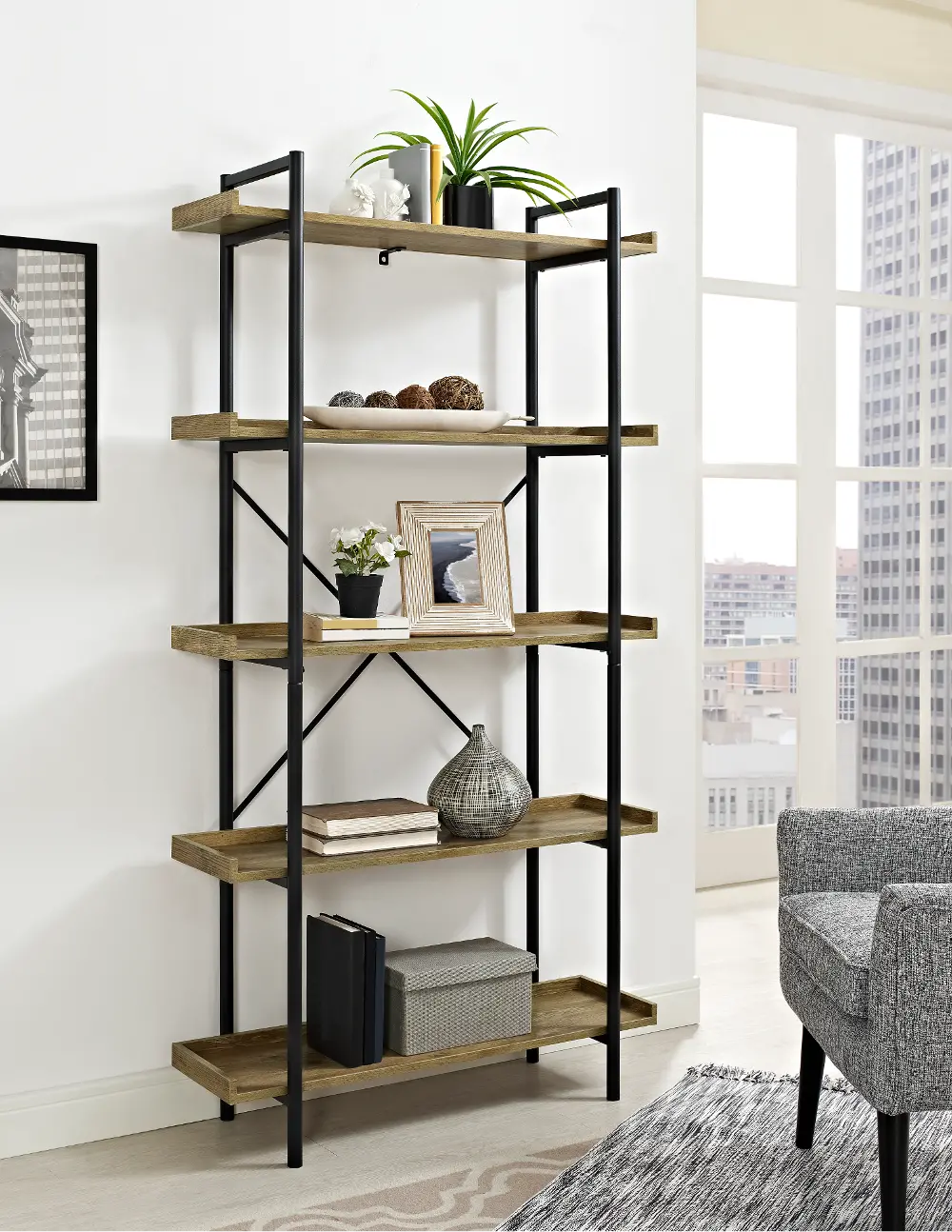 BS68UPBW Barnwood 5-Shelf Bookshelf - Walker Edison-1