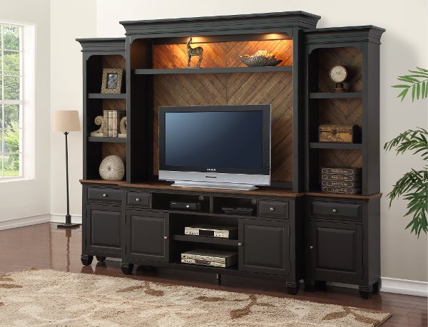 Entertainment Centers Furniture Rc Willey Antique Black 4 Piece Chic Entertainment Center Brighton Hickory