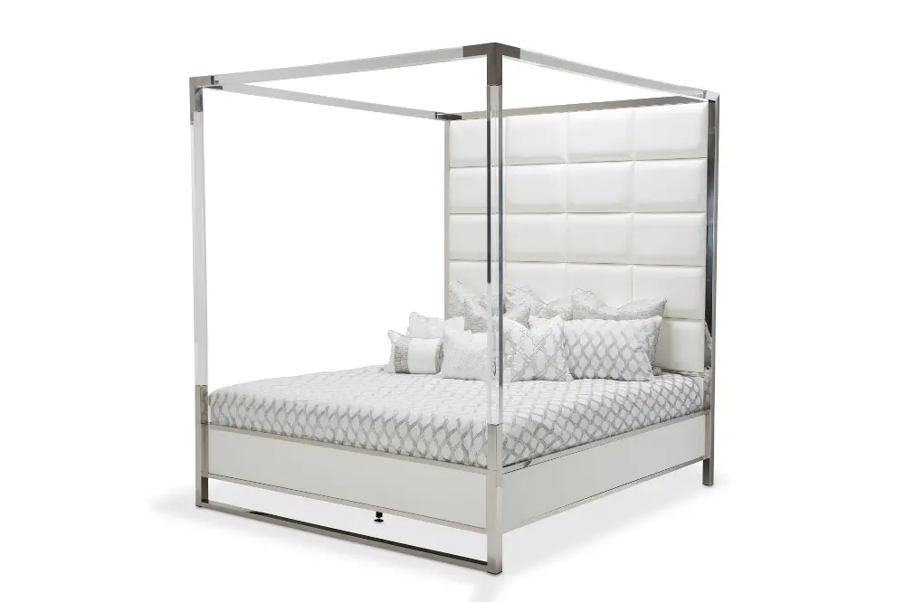 White & Silver Modern King Canopy Bed - State St.-1