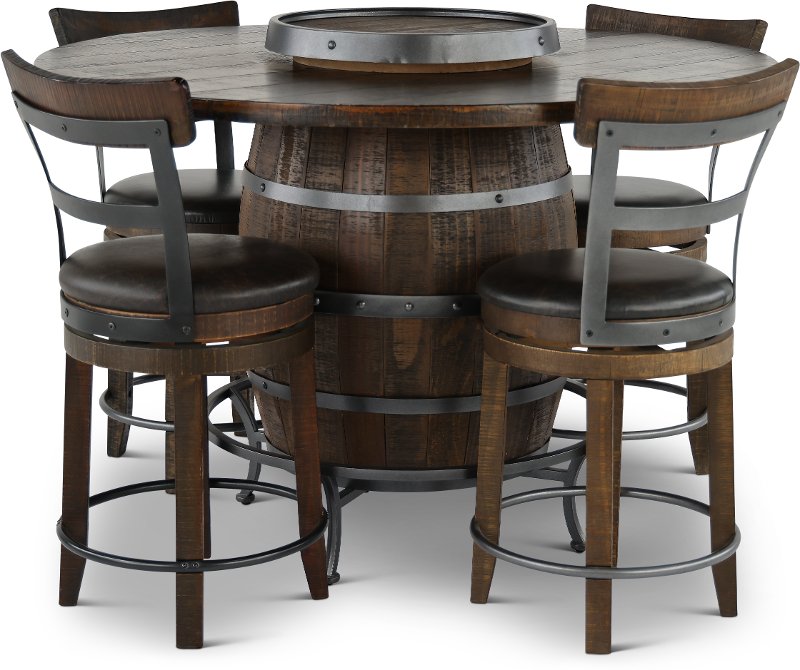 Barrel Brown 5 Piece Counter, Dining Table Barrel Chairs