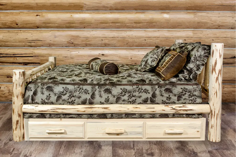 Rustic Clear Lacquered Log Twin Storage Bed  - Montana-1