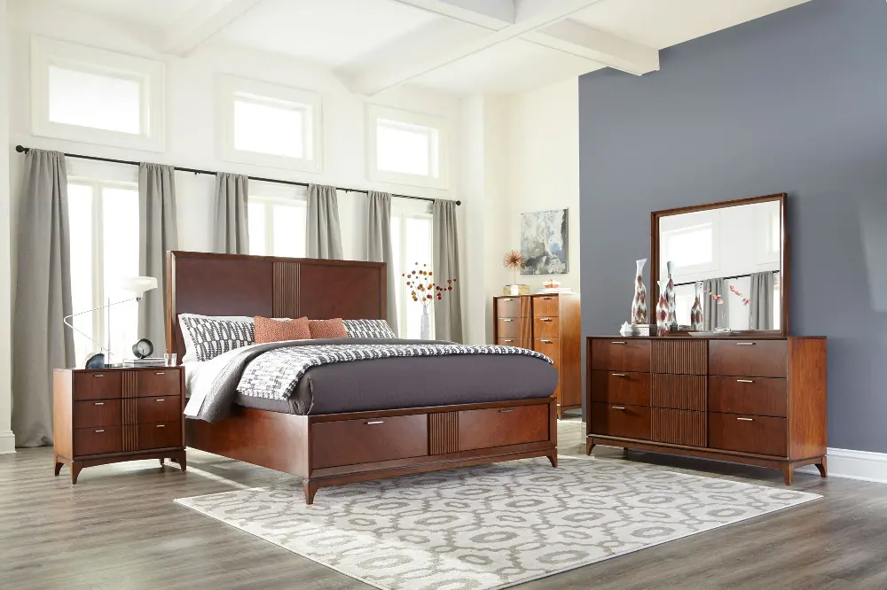 Brown Cherry Mid Century Modern 4 Piece California King Bedroom Set - Simply Urban-1