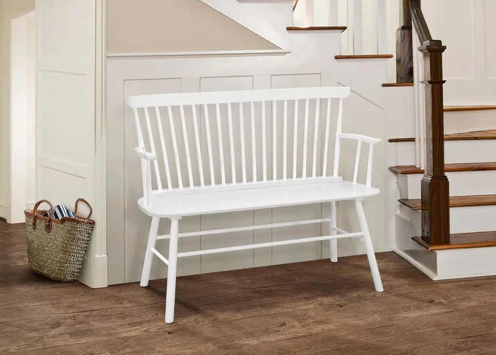 White Spindle Back Bench with Armrests-1