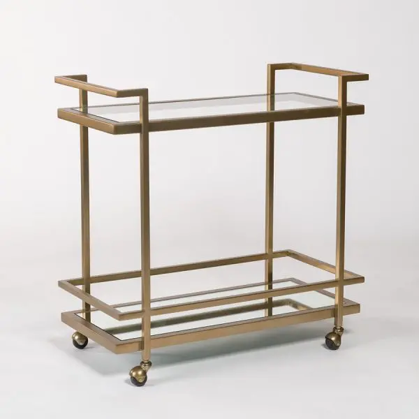 Antique Brass Bar Cart with Glass and Mirror Shelf-1