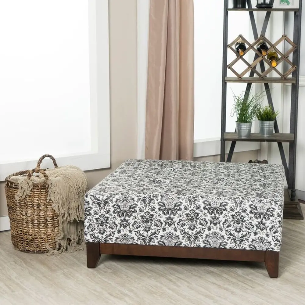 White and Black Floral Paisley Fielding Large Square Ottoman - Berkley-1