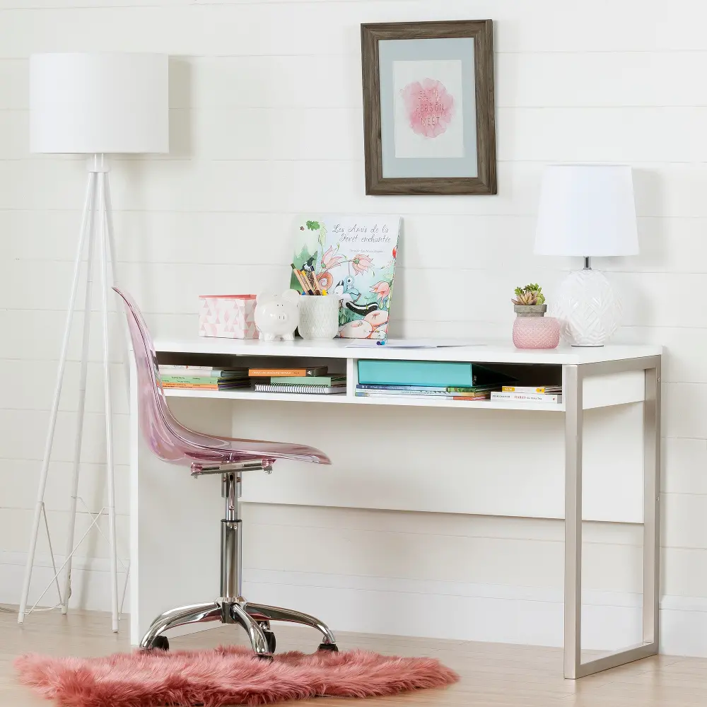 100238 Pure White Desk with Clear Pink Office Chair - Interface-1