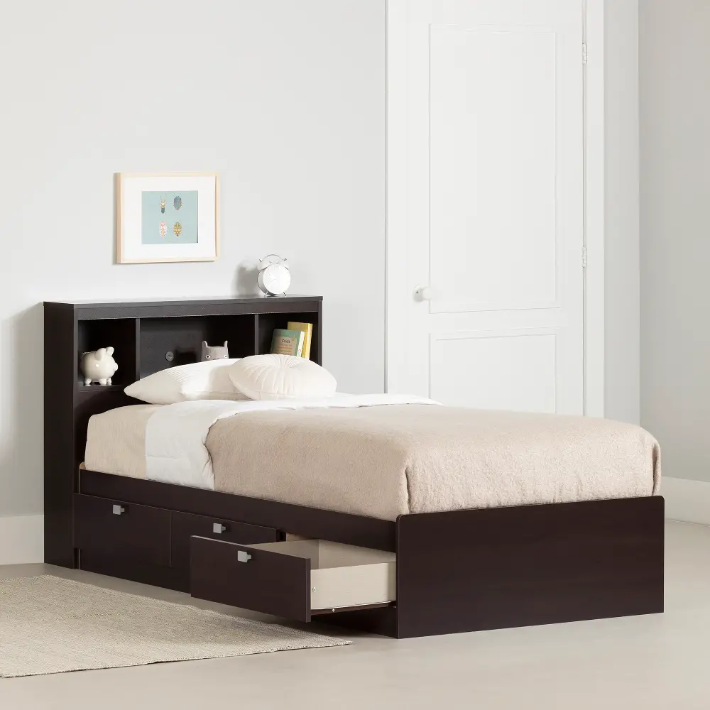 3259B2 Spark Chocolate Twin Storage Bed and Bookcase Headboard Set - South Shore-1