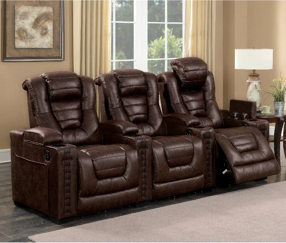 Brown Leather-Match 3 Piece Power Home Theater Seating - Big-Chief-1