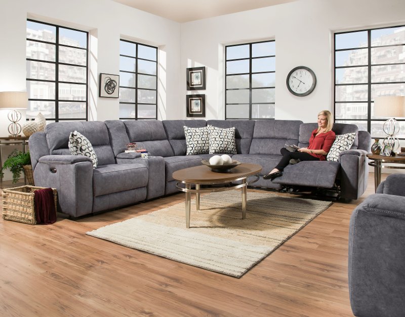 Blue 6 Piece Power Reclining Sectional, Blue Sectional Sofa With Recliners