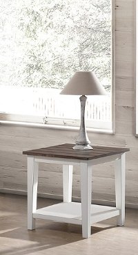 white end table with glass door