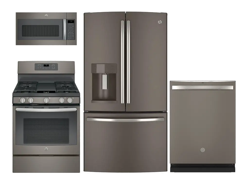PACKAGE GE 4 Piece Gas Kitchen Appliance Package with French Door Refrigerator - Slate-1