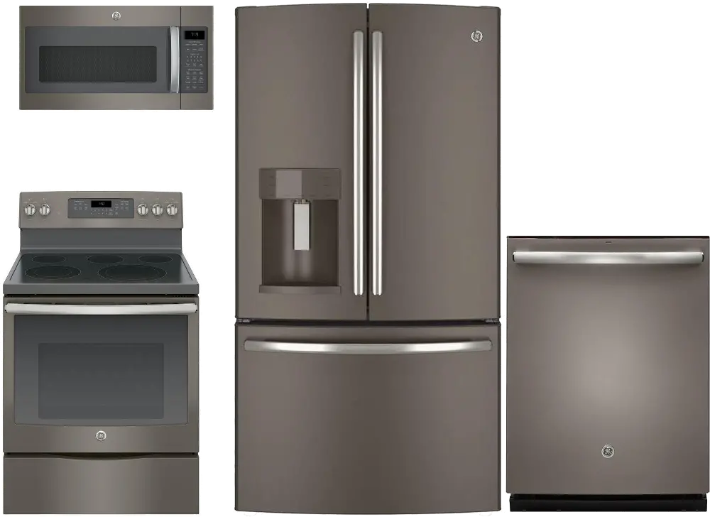 PACKAGE GE 4 Piece Electric Kitchen Appliance Package with French Door Refrigerator - Slate-1