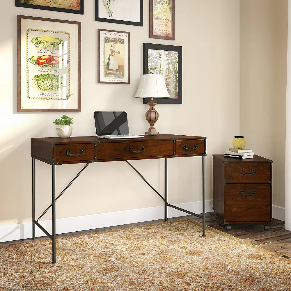 IW001CC Cherry Writing Desk and 2- Drawer File Cabinet (48 Inch) - Ironworks-1