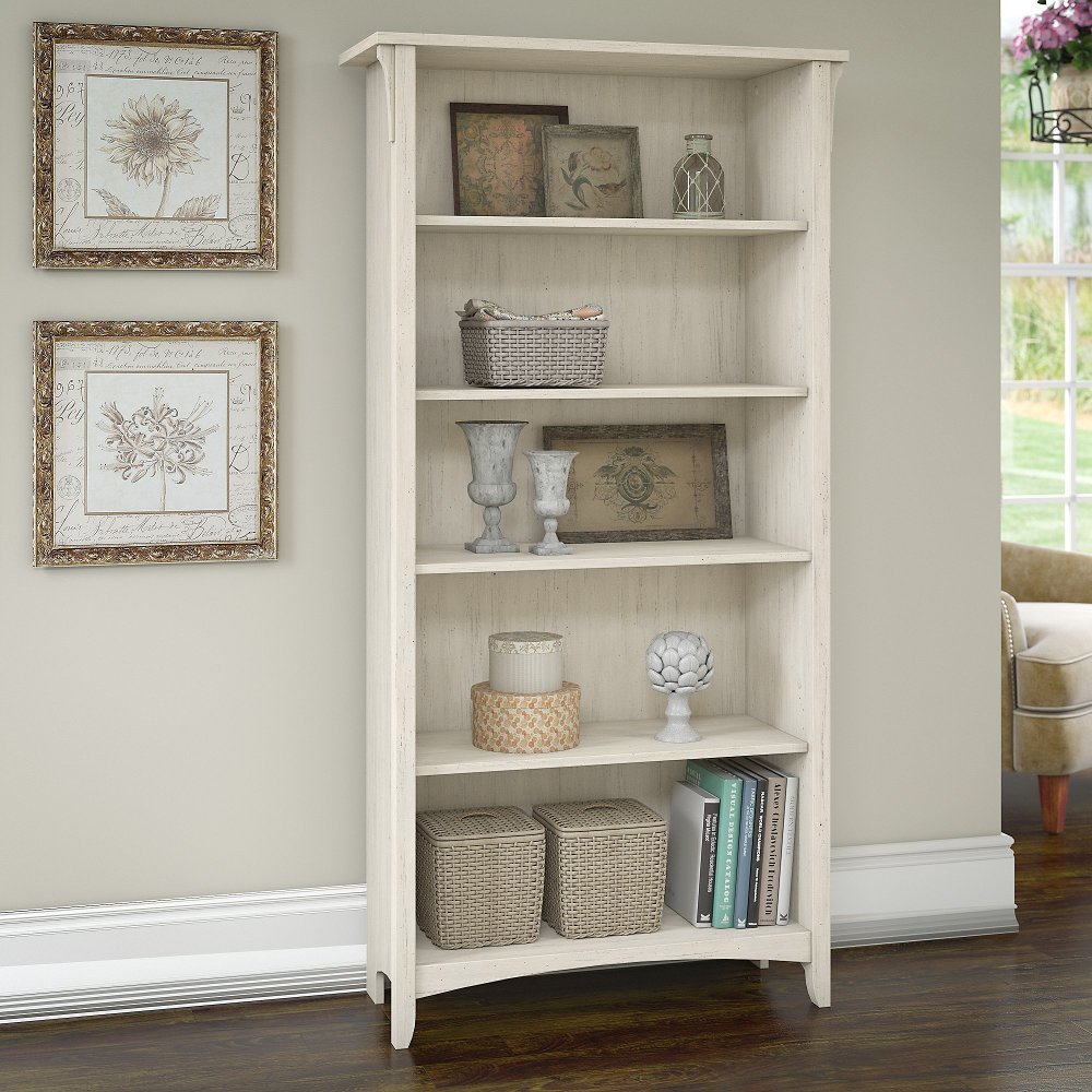 Salinas Antique White 5-Shelf Bookcase - Bush Furniture