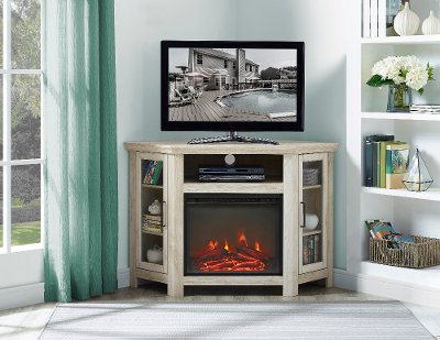 48 Inch White Oak Corner TV Stand with Fireplace | RC Willey Furniture Store Wondering what to put in the corner of your room? Adding this 48 inch white oak corner TV stand with fireplace from RC Willey will dress up any room in your home. Its corner design makes this the perfect space saving unit while creating a warm