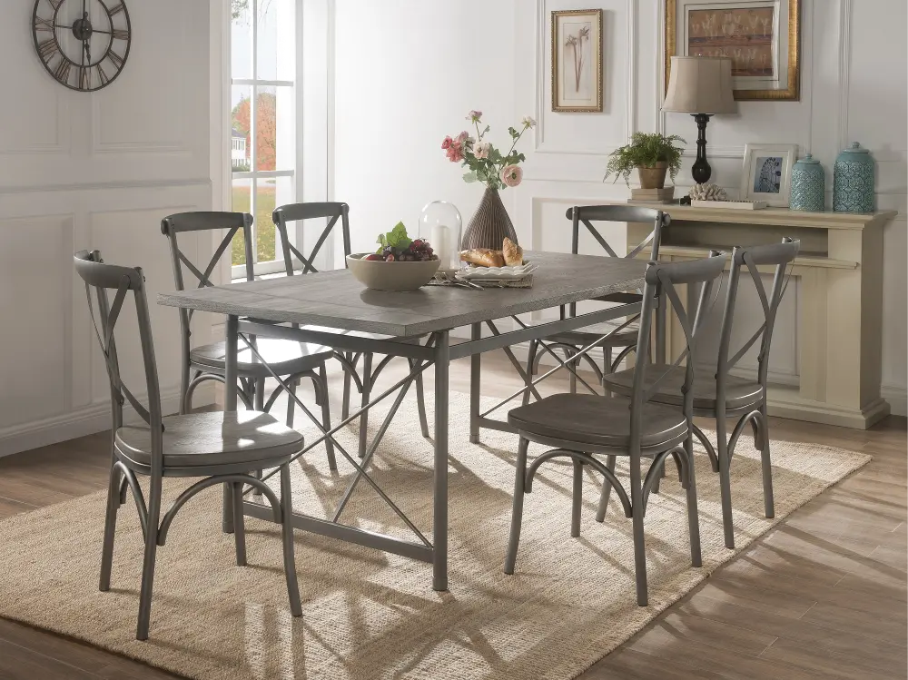 Industrial Weathered Wood and Metal 7 Piece Dining Set - Gray-1