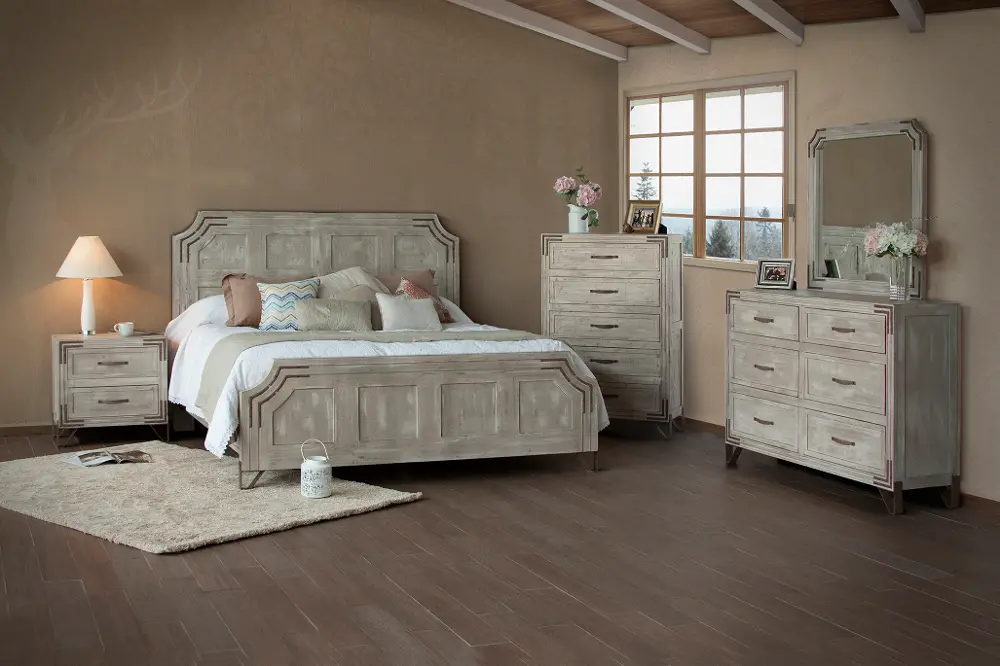 Pearl White Rustic Contemporary 4 Piece Queen Bedroom Set - Camelia-1