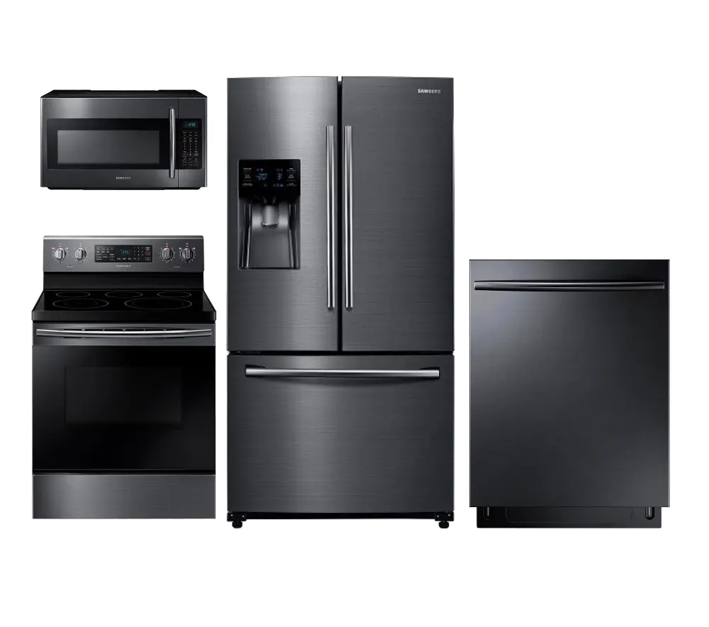 PACKAGE Samsung 4 Piece Electric Kitchen Appliance Package with French Door Refrigerator - Black Stainless Steel-1