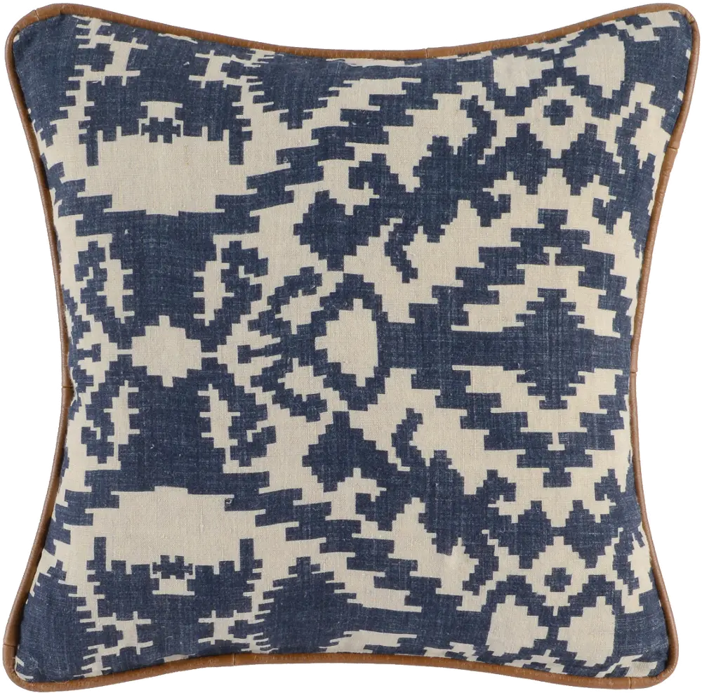 Indigo Blue Printed Linen Throw Pillow with Leather Piping-1