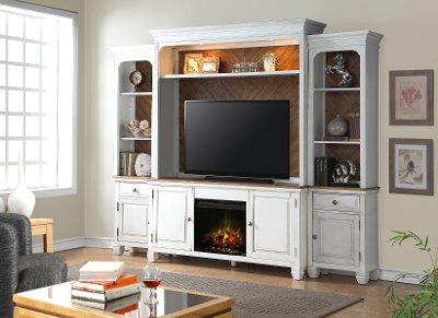4 Piece White Entertainment Center with Fireplace- Camden | RC Willey Furniture Store RC Willey lets you enjoy a fire and your favorite movie with this 4 piece white entertainment center with a fireplace. Part of the Camden collection this piece features a lightly distressed heirloom white finish